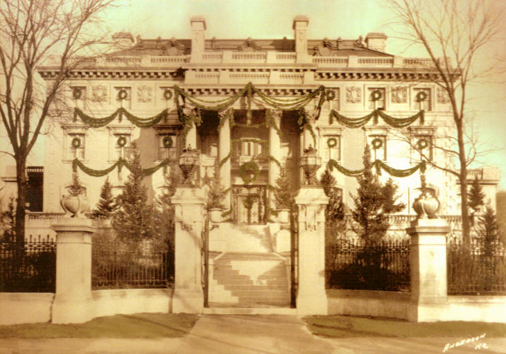 Corinthian Hall as a private residence, decorated for the holidays, ca 1920